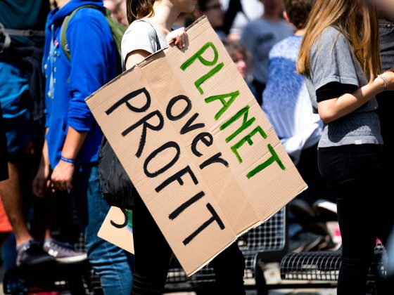 Protester holds placard saying "Planet over Profit"